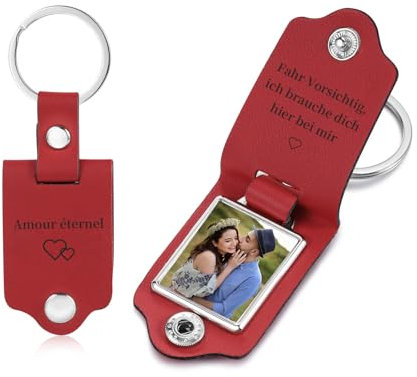 Porte-clés Personnalisé Photo En Acier Inoxydable Cuir Texte Porte-Clés Photo Pour Couples Famille Et Amis ête Des Mères Fête Des Pères Saint Valentin (rouge)