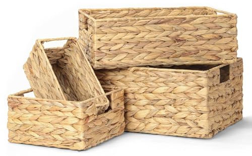 LIANTRAL Wicker Baskets Organizing 4 Pack, Woven Water Hyacinth Organiser Storage Baskets Wicker Hamper Basket With handles Gift Toys Bathroom Basket