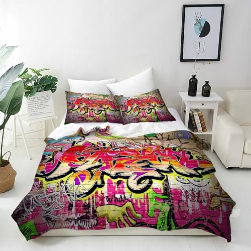 ANHOPE Bunte Städtisch Graffiti Bettwäsche Set Weich Microfaser Bettbezüge mit Reißverschluss 2 Teilig Bettbezug 135x200 cm & Kissenbezug 80x80 cm Bettdeckenbezug Set für Kinder Jungen Mädchen