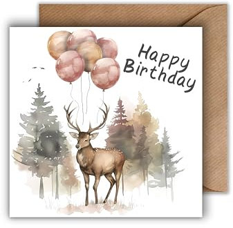 Geburtstagskarte für Jäger und Förster mit Umschlag - “Happy Birthday” Karte Glückwunschkarte Geschenkkarte zum Geburtstag Jagd Wald Natur Hirsch und Ballons Waldmotiv Naturfreunde (125 x 125 mm)