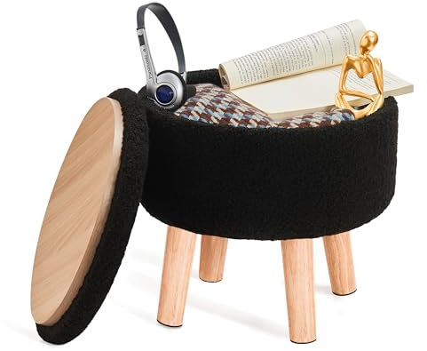 BRIAN & DANY Footstool with Storage, Small Storage Ottoman, Teddy Fleece Round Stool with Lid, Sherpa Foot Stool with Legs for Living Room Entryway, Black