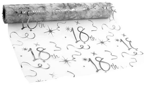 Tischläufer Geburtstage 18. Silber Tischläufer Rolle 28cm×10m Glänzend Folie Tischdeko Tischband aus Dekostoff Netz Tischdecke Happy Birthday Tischläufer für Party Geschenke DIY Basteln