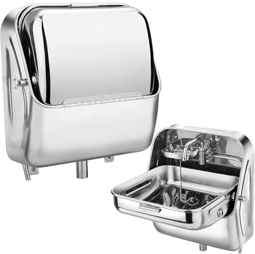 LIJBDDM Évier pliable en acier inoxydable avec robinet d'eau froide, support mural, lavabo pour lavage des mains, pour caravane, camping-car, petit évier de cuisine d'extérieur (acier inoxydable, 37 x