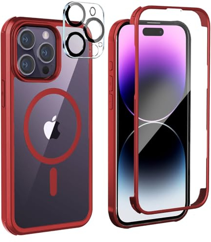 Leedia Kompatibel mit Magsafe iPhone 14 Pro Hülle 360 Grad Schutz Rot | Ganzkörper Schutzhülle mit Eingebauter Panzerglas Displayschutz Stoßfest Case Handyhülle für iPhone 14 Pro 6.1