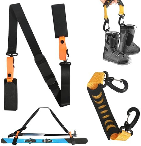 DELAESI Tragegurt 2 Stück Ski Tragehilfe Rutschfeste Skigurt für Ski und Stöcke Verstellbare Schultergurte Zubehör für Stiefel und Skistöcke