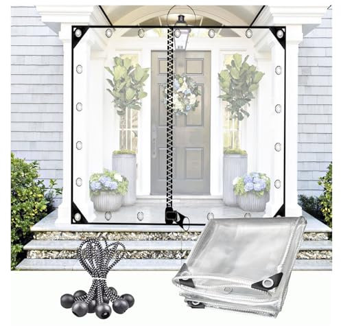 VagxTbs Clear Waterproof Tarp with Zip Door,420g/㎡ Transparent Side Panels 0.35mm Foldable Plastic Tarpaulin for Garden Furniture,Pergola (1x2m/3.28x6.56ft)