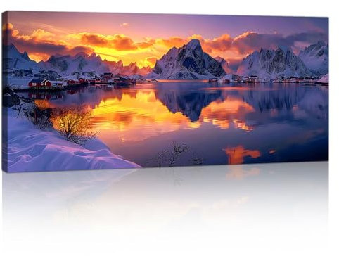 Groß Leinwandbilder Wandbilder Mit Rahmen, Sonnenuntergang Verschneiten Bergen Wand Bilder Natur Landschaft Wandbild Kunstdruck Deko Gemälde für Wohnzimmer Schlafzimmer fertig zum Aufhängen 120x50cm