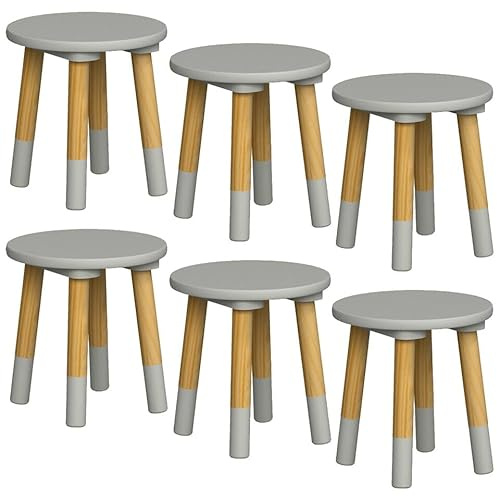 URBNLIVING Kids Wooden Portable Stool, Lightweight and Anti-Slip, H26cm x D24cm, 6 Pcs Round Seat Grey Chair for Toddlers, Small Children, Home Decor for Desk, Table, Nursery, Kitchen, Bedroom