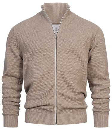 KRONSTADT Herren KSErik Zip Strickjacke mit Stehkragen | Fein-Strick Cardigan mit Kragen und Reißverschluß Beige Mix, 3XL