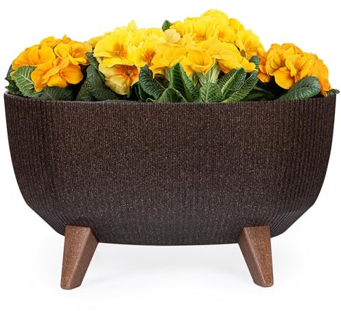 KONZEPT Maceta con patas – Maceta grande de plástico ovalada de 40 cm – Moderna y resistente a la intemperie, para interior y exterior, color marrón