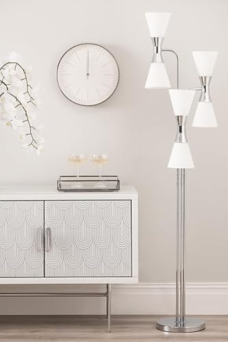 My Furniture – Lampe sur pied design à 5 lumières avec abat-jours coniques en verre blanc – Structure en métal chromé – Éclairage décoratif moderne pour salon, chambre ou bureau