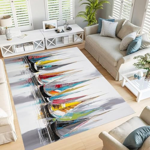 GDJSMIN Pintura Al Óleo Abstracta Alfombra Salon - Océano Velero Grande Alfombra Lavable Alfombras de Dormitorio de Pelo Corto para Comedor Salón Comedor Antideslizante Gris 150×210cm