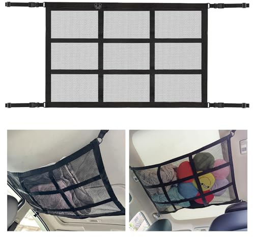 Double Storage Nets for Campervans - Adjustable Car Storage Net with Zipper, Car Ceiling Cargo Net Pocket, Large Capacity Car Roof Storage Nets for SUVs, Jeeps, Vans, and Campers (78 x 53 cm, Black)