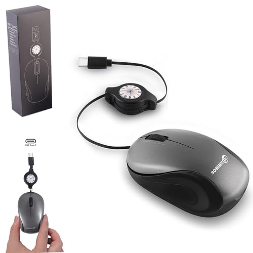 Mini Maus USB C Corded Retractable 70cm Kabel, Kleine Computermaus 1000D-PI optische mit Typ-C Einziehbarem Kabel, Leiser Klick, Für Links- und Rechtshänder Travel PC Laptop, Notebook, Desktop, MAC