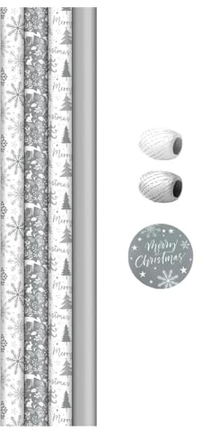 Gift Wrap Pack 4 x 2 Metre Rolls, 2 Metre Raffia, 8 Tags Present Christmas Wrapping Paper Set - Xmas Festive Holiday Silver White Snowflake Christmas Tree Holly