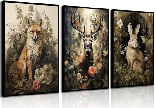 Leinwandbild, Vintage-Waldtiere, Wildtiere, Hirsch, Kaninchen, Fuchs, Gemälde, Bilder, dunkle Akademie, Wanddekoration, Gothic, botanische Poster, Druck, Kunstwerk für Wohnzimmer, Dekoration