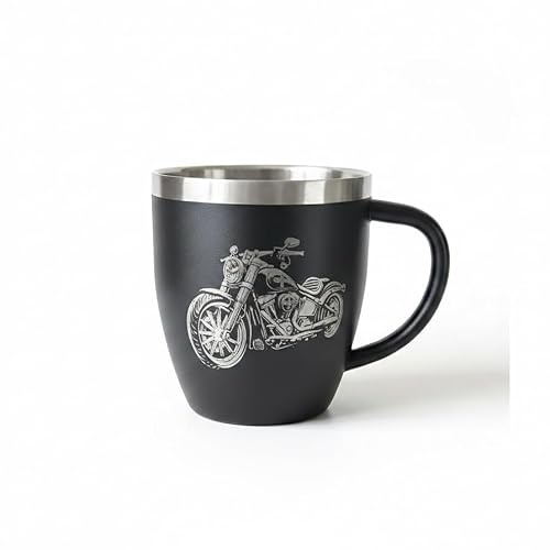 Edelstahl-Tasse mit Henkel, Schwarz, Motorrad-Gravur, Doppelwandig Isoliert