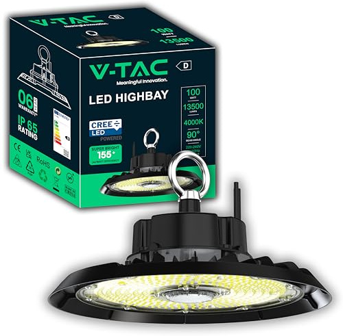 V-TAC Werkstattlampe LED High Bay Light 100W UFO - [CREE LED CHIP - ENERGIESPAREND] - Industrielampe 13500 lm für Lager, Fabrik, Werkstatt - IP65 - Hallenleuchte - Neutralweiß 4000K
