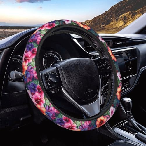 Lenkradhülle Blumen, Tropische Flora Universalgröße Lenkradbezug Atmungsaktiv Lenkradabdeckung Anti-Rutsch Für Innenraum LKW SUV 37-38Cm