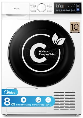 Midea Serie V5 Wärmepumpentrockner 8kg Energieklasse C SmartDry MDV5EH80WBC | App-Steuerung, Startzeitvorwahl, 30' Schnelltrocknung, UV-Desinfektion mit Milbenentfernung, Knitterschutz, Inverter-Motor