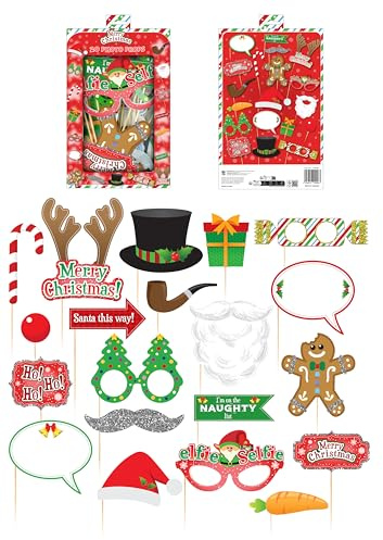 Henbrandt 1 x Pack of 20 Christmas Party Photo Booth Props with Wooden Sticks Selfie and Photobooth Party Props Xmas Holiday Photograph Accessories Family Fun Supplies Set Christmas Decorations