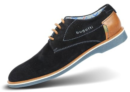 bugatti Uomo Scarpe in pelle scamosciata con nabuk e cuoio, derby comfort dal design casual, Blu Scuro, 43 EU