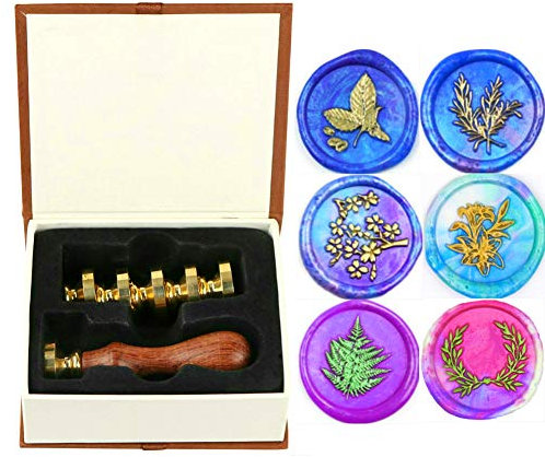 ANBOSE Rosmarin Blätter Blatt Lilie Farn Kranz Botanisch Wachs Siegel Stempel kit mit 6-teiligem Siegel Wachs stempel Kupfersiegel+1Holzgriff, Geschenkversiegelung