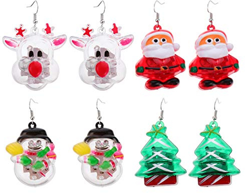 PRETYZOOM 4 Pairs Christmas Earrings LED Santa Claus Reindeer Snowman Christmas Tree Dangle Earrings with Lights Christmas Light Up Party Favors Stocking Stuffers Holiday Jewelry Set