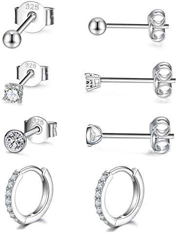 Gulicx Boucles D'oreilles Argent Femme, 4 Paires Hypoallergénique Clous d'oreilles en Argent Sterling 925, 3 Paires 3mm Clous d'reolles + 1 Paires 12mm Créoles Argent Petites Avec Zircon Cubique