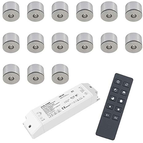 15er Set 3W LED Mini Spot Aufbaustrahler warmweiß dimmbar mit Funk Netzteil und Fernbedienung