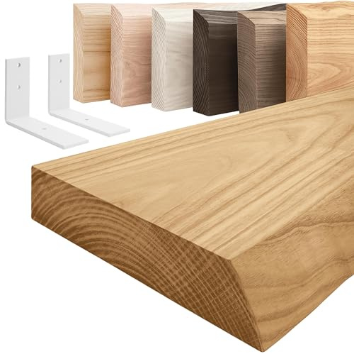 LAMO Manufaktur Holzregal mit weißen L-förmigen Halterungen | Wand Regal 80 cm breit für Wohnzimmer, Küche, Büro im Industrial-Stil | Farbe: Rustikal, Kante: natürlich | Massivholz, Vintage-Charakter