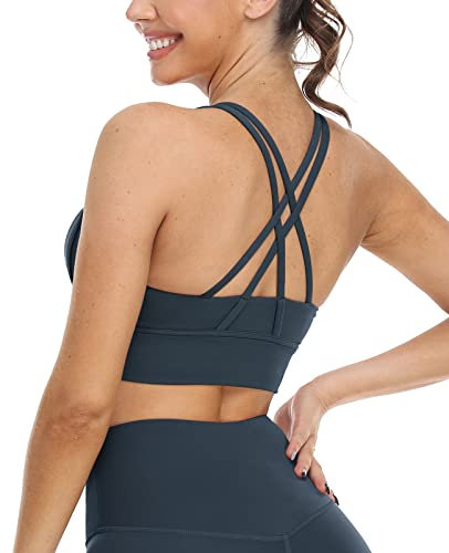icyzone Damen Sport BH Starker Halt Gepolstert Training Bustier Top Fitness Yoga Bra (S, True Navy)