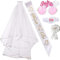 Bachelorette Party Braut-Kit, 1 weißes Doppelband-Rand-Center-Kaskaden-Braut-Hochzeits-Hochzeitsschleier mit Kamm, 1 Braut-Satin-Schärpe, 1 Abzeichen, 1 Beinspitze, 1 rosa Braut-Brille