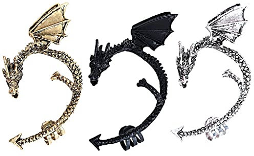 Ouceanwin 3 Stücke Drachen Ohrstecker Set, Vintage Drachen Ohrklemme Punk Gothic Ohrringe Drachen Edelstahl Retro Drachen Schmuck für Männer Frauen Unisex (Gold Schwarz Silber)