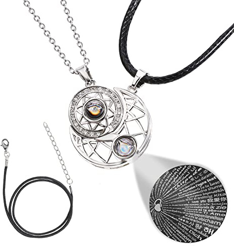 Magnetische Pärchen Halsketten, Sonne und Mond Paare Anhänger Halsketten für Sie und Ihn, 100 Sprachen I Love You Projektion Paare Halskette, Passende Halskette für Paare Freundschaft Geschenk
