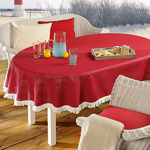 EMHELLE Gartentischdecke Garten Balkon Terrasse Tischdecke Camping Picknick Rund Oval Eckig Außen und Innenbereich Rutschhemmende Oberfläche mit weißen Fransen (150 x 210 cm Oval, Rot)