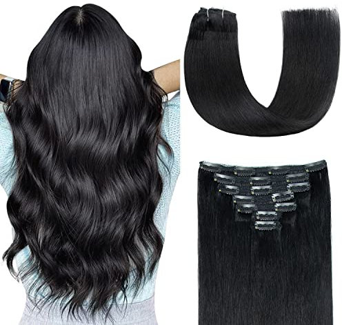 AGMITY Clip in Extensions Echthaar Tief Schwarz 50cm 7 Stück 120g Unsichtbar Gerade Glatt Nahtlos Doppelt Genäht Clip in Remy Echthaar (50cm #1 Tief Schwarz)