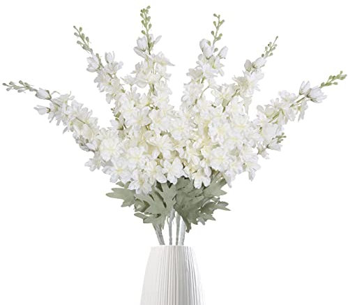 IPOPU 6 pcs Delphinium Artificial Flowers White Larkspur Artificial Flowers, 33.5 in Fake Flowers Bulk Silk Flowers with Stems Real Look for Home Garden Wedding Arrangement Decor(White)
