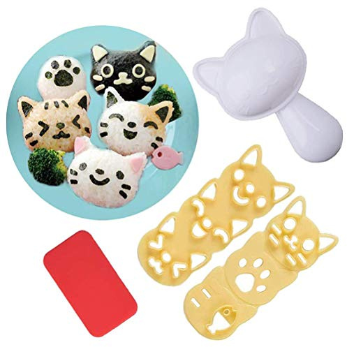 Forma de Gato Molde de Arroz Onigiri Maker Molde 3D Bola de Arroz Molde DIY Set Sushi Gato en Forma de Bola de Comida Molde Bandeja Herramientas de Cocina Triángulo Clásico Bola de Arroz Kit(Blanco)