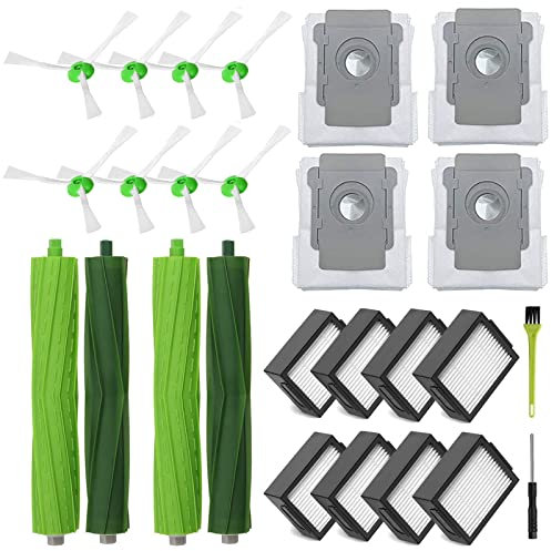 AiLomey Pièces de Rechange pour iRobot i7 i7+ i3 i3+ i4 i4+ i6 i6+ i8 i8+ j7 E5 E6 E7, Accessoires pour Roomba 2 Paire de Brosses Principale, 8 Filtres, 8 Frosses Latérales, 4 Sacs à Poussière