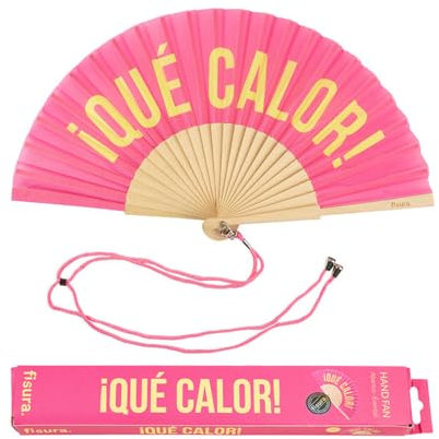 Fisura - Original handheld folding fan with the message in Spanish. Wooden fan. Original holding Hand Fans. Fan with hanger included (Que calor, pink and yellow)