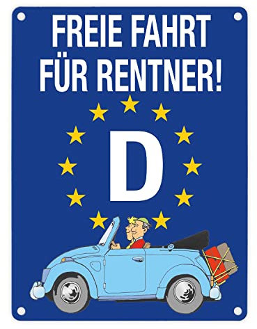 Freie Fahrt für Rentner Metallschild in 15x20 cm mit Oldtimer Motiv Blechschild für Rentner die noch in der Lage sind ein Auto zu führen und ihren Lappen gerne behalten wollen Kfz