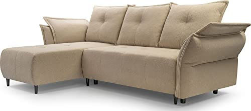 WFL GROUP Ecksofa - Samt Schlafsofa mit Bettkasten - 3 Sitzer Sofa - Couch mit Schlaffunktion Bettfunktion L-Form mit Ottomane - Links - Beige