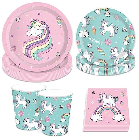 fanquare Suministros para Fiestas de Unicornio 16 Invitados Platos y Vasos de Papel Rosa Servilletas Tenedores Vajilla de Fiesta de Dibujos Animados para Niñas y Niños Fiesta de Cumpleaños