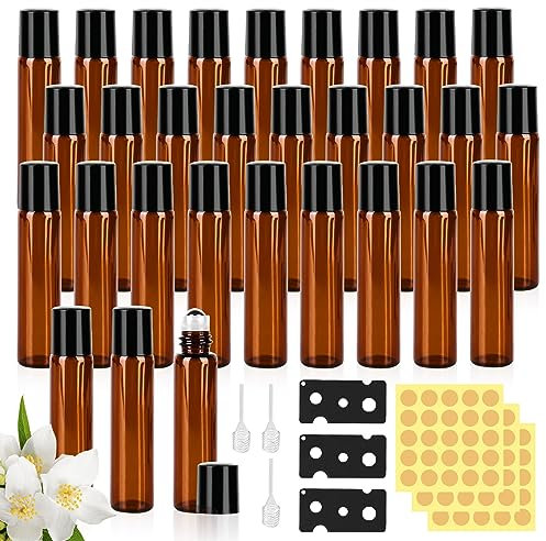 Bouteilles à Rouleaux D'huiles Essentielles, 30 Pièces 10ml Bouteille Roll on Vide En Verre, Flacon Roll on En Verre Avec Rouleau, Rechargeable Bouteille Roll on En Verre, Flacons Roll-On En Verre