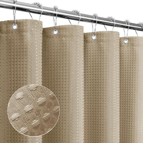 Gibelle Long Shower Curtain 72 x 78, Tall Waffle Weave Textured Fabric Shower Curtain for Bathroom, Water Repellent, Machine Washable, Beige
