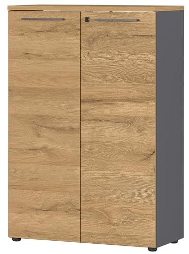 bümö Andratx Aktenschrank abschließbar, Büroschrank Holz 80cm breit in Eiche-Graphit - abschließbarer Schrank mit 3OH Aktenregal für's Büro & Arbeitszimmer, Ordnerschrank mit Schloss