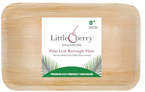 Little Cherry Eco-Friendly Rectangle Palm Leaf Plates | Eco Disposable Plates, Great Alternative to Disposable Bamboo Plates | Plates for Catering (8 Inch, 25, Count)