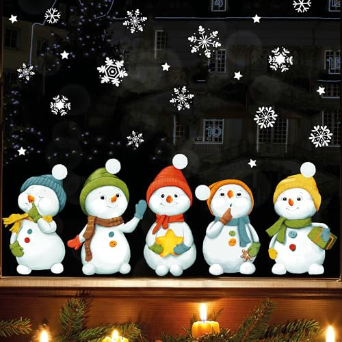 Wandtattoo Loft Fensterbilder Weihnachten 5 Schneemänner – Wiederverwendbar – A3 Bogen, 36 Sticker – Weihnachstdeko Fenster Kinderzimmer, Weihnachtsbilder Fenster, Fensterbild Winter Schneeflocken