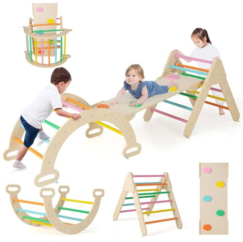 COSTWAY 7 en 1 Triangle d'escalade Montessori Enfants avec Rampe Réversible, Arc d'escalade Montessori ou Bascule en Bois de Hêtre, Charge Max 50KG pour Glisser ou Grimper pour Bébé de 1 an+